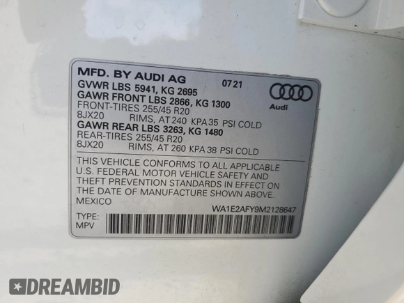 2021 Audi Q5 Premium Plus with VIN WA1E2AFY9M2128647, listed as a Copart auction lot 72887654 with 22,051 mi miles and Salvage Title. Bid and sale history available at carsss.com. Image 14.