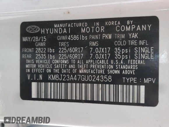 2016 Hyundai Tucson SE z VIN KM8J23A47GU024358, wystawiony jako Copart lot #54982605 z przebiegiem 69 957 mil mil oraz Szkoda całkowita • Salvage title. Historia ofert i sprzedaży dostępna na DreamBid. Obrazek 13.