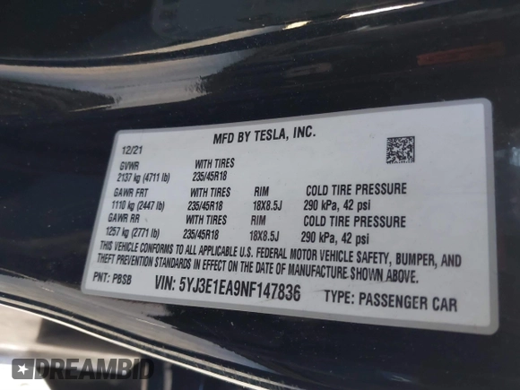 2022 Tesla Model 3 with VIN 5YJ3E1EA9NF147836, listed as a IAAI auction lot 41363603 with 28,748 mi miles. Bid and sale history available at carsss.com. Image 9.