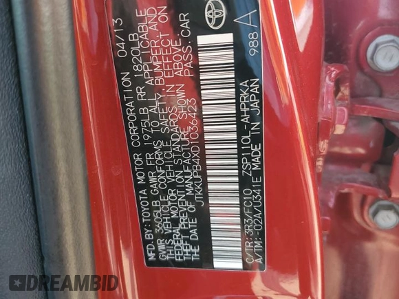 2013 Scion xD with VIN JTKKUPB4XD1036423, listed as a Copart auction lot 59389005 with 75,206 mi miles and Non repairable. Bid and sale history available at DreamBid. Image 12.