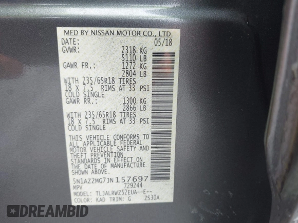 2018 Nissan Murano SV with VIN 5N1AZ2MG7JN157697, listed as a IAAI auction lot 42190907 with 79,615 mi miles and . Bid and sale history available at carsss.com. Image 9.