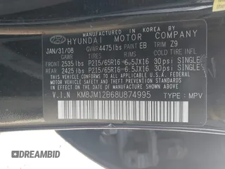 2008 Hyundai Tucson GLS with VIN KM8JM12B68U874995, listed as a IAAI auction lot 42164401 with 1 mi miles. Bid and sale history available at carsss.com. Image 9.