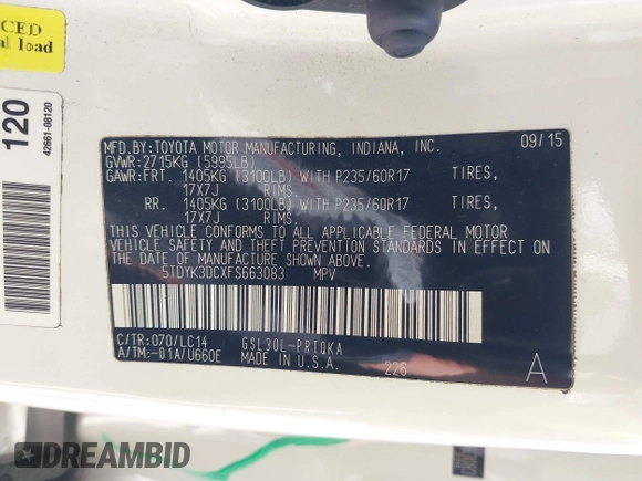 2015 Toyota Sienna XLE with VIN 5TDYK3DCXFS663083, listed as a IAAI auction lot 41967621 with 177,472 mi miles and . Bid and sale history available at DreamBid. Image 9.