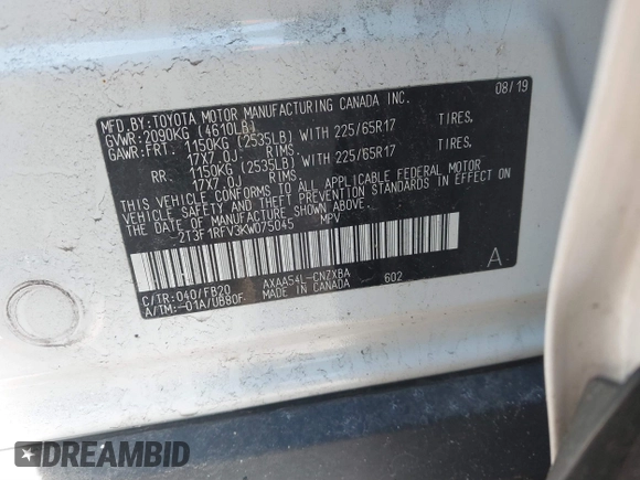 2019 Toyota RAV4 LE with VIN 2T3F1RFV3KW075045, listed as a IAAI auction lot 41745179 with 81,014 mi miles. Bid and sale history available at carsss.com. Image 9.