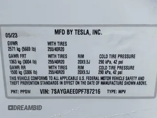 2023 Tesla Model Y Long Range with VIN 7SAYGAEE0PF787216, listed as a IAAI auction lot 41589954 with 17,985 mi miles and . Bid and sale history available at DreamBid. Image 9.