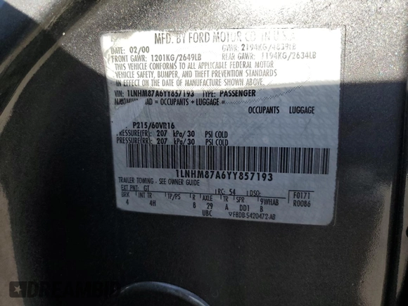 2000 Lincoln LS with VIN 1LNHM87A6YY857193, listed as a Copart auction lot 63065804 with 91,542 mi miles and Salvage Title. Bid and sale history available at carsss.com. Image 14.