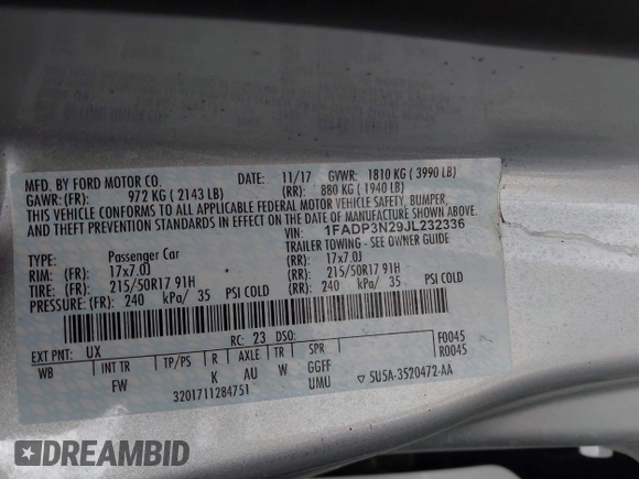2018 Ford Focus Titanium with VIN 1FADP3N29JL232336, listed as a IAAI auction lot 42485243 with 82,113 mi miles and . Bid and sale history available at DreamBid. Image 9.