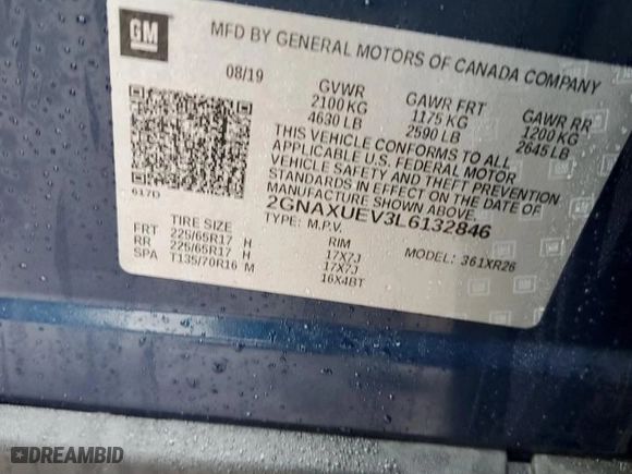 2020 Chevrolet Equinox LT with VIN 2GNAXUEV3L6132846, listed as a Copart auction lot 51120915 with 75,273 mi miles and Salvage Title. Bid and sale history available at carsss.com. Image 13.
