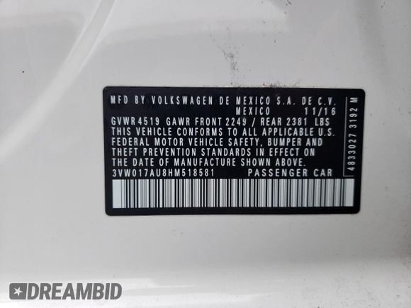 2017 Volkswagen Golf S z VIN 3VW017AU8HM518581, wystawiony jako Copart lot #43422265 z przebiegiem 82 307 mil mil oraz Szkoda całkowita • Salvage title. Historia ofert i sprzedaży dostępna na DreamBid. Obrazek 14.