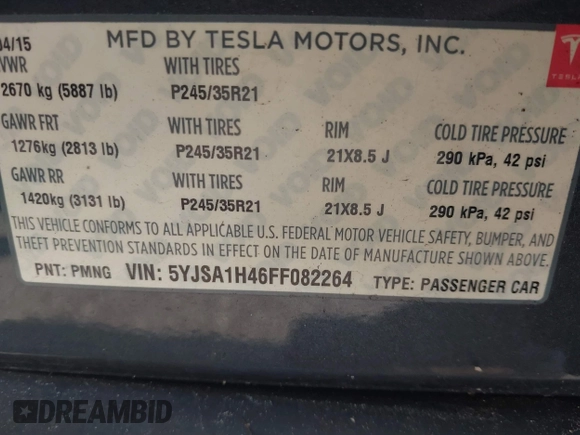2015 Tesla Model S 85D with VIN 5YJSA1H46FF082264, listed as a IAAI auction lot 42068959 with 98,693 mi miles. Bid and sale history available at carsss.com. Image 9.