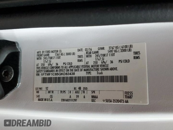 2016 Ford F-150 XL with VIN 1FTMF1C85GKD83438, listed as a Copart auction lot 62430855 with 220,612 mi miles and Clean title. Bid and sale history available at DreamBid. Image 12.