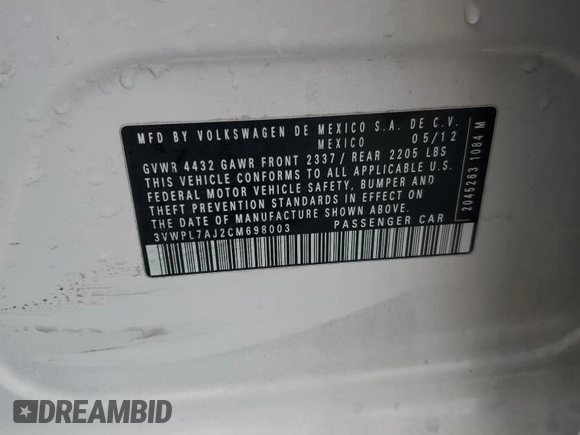 2012 Volkswagen Jetta TDI w/Sunroof with VIN 3VWPL7AJ2CM698003, listed as a Copart auction lot 62543725 with 109,748 mi miles and Salvage title. Bid and sale history available at DreamBid. Image 14.