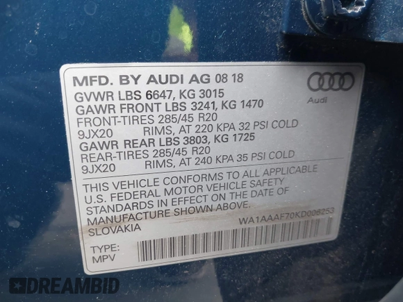 2019 Audi Q7 Premium with VIN WA1AAAF70KD006253, listed as a IAAI auction lot 42360114 with 19,448 mi miles and . Bid and sale history available at DreamBid. Image 9.