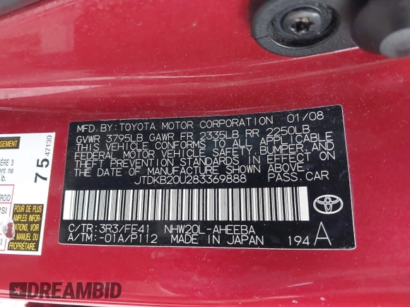 2008 Toyota Prius z VIN JTDKB20U283369888, wystawiony jako IAAI lot #42205254 z przebiegiem 308 478 mil mil oraz . Historia ofert i sprzedaży dostępna na DreamBid. Obrazek 9.