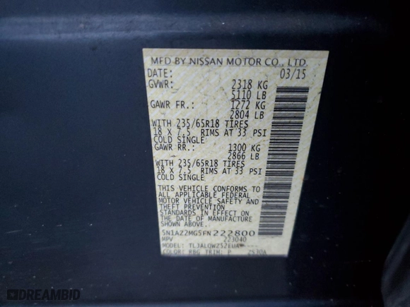 2015 Nissan Murano SV with VIN 5N1AZ2MG5FN222800, listed as a Copart auction lot 84348494 with 188,256 mi miles and Clean Title. Bid and sale history available at carsss.com. Image 13.