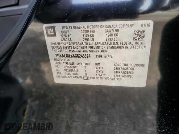 2016 GMC Terrain SLE with VIN 2GKALMEK6G6245324, listed as a Copart auction lot 52579815 with 63,156 mi miles and Salvage Title. Bid and sale history available at carsss.com. Image 14.