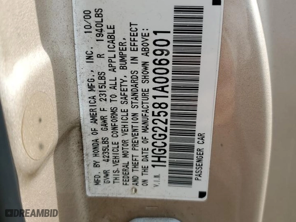 2001 Honda Accord Cpe EX w/Leather with VIN 1HGCG22581A006901, listed as a Copart auction lot 44443095 with NaN miles and Salvage Title. Bid and sale history available at carsss.com. Image 14.