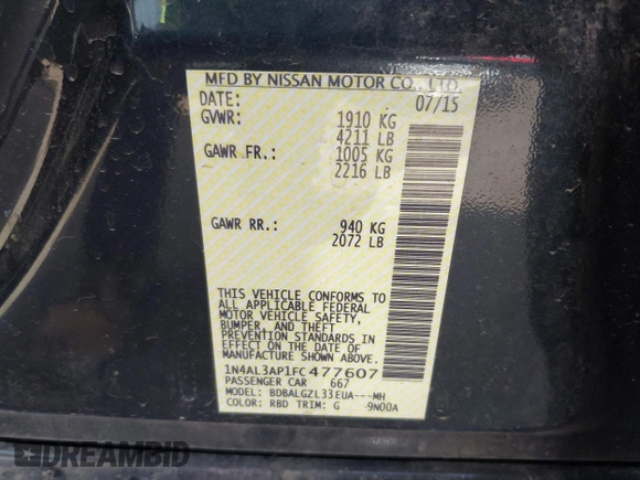 2015 Nissan Altima SL z VIN 1N4AL3AP1FC477607, wystawiony jako IAAI lot #41565676 z przebiegiem 106 888 mil mil oraz . Historia ofert i sprzedaży dostępna na DreamBid. Obrazek 9.