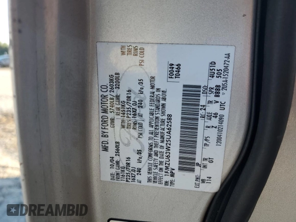 2005 Ford Explorer XLT z VIN 1FMZU63W25UA62588, wystawiony jako Copart lot #68111864 z przebiegiem Nie podano mil oraz Nie do naprawy • Non repairable. Historia ofert i sprzedaży dostępna na DreamBid. Obrazek 12.