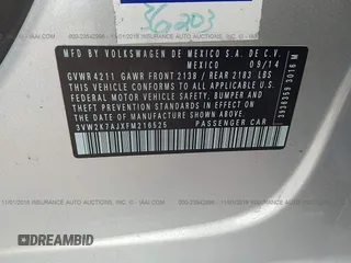 2015 Volkswagen Jetta S с VIN 3VW2K7AJXFM216525, выставлен на аукционе IAAI как лот 23542996 с пробегом 38 403 миль миль и . История ставок и продаж доступна на DreamBid. Изображение 9.