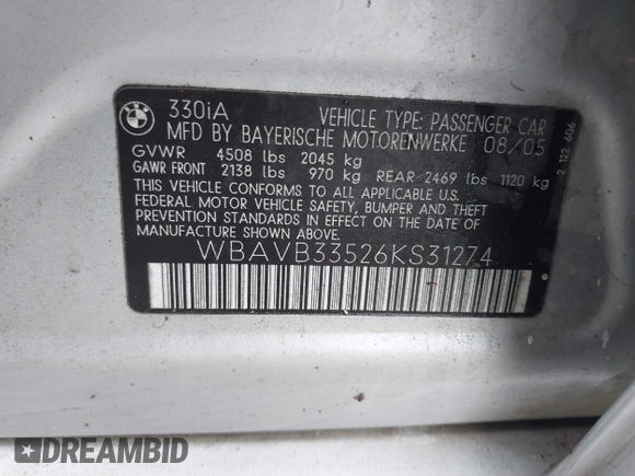 2006 BMW 3 Series 330i with VIN WBAVB33526KS31274, listed as a IAAI auction lot 42120518 with 167,203 mi miles. Bid and sale history available at carsss.com. Image 9.