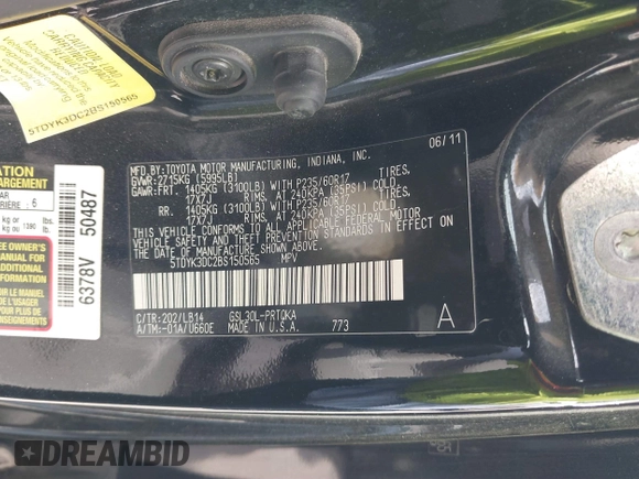 2011 Toyota Sienna XLE AAS with VIN 5TDYK3DC2BS150565, listed as a IAAI auction lot 41845965 with 279,253 mi miles and . Bid and sale history available at DreamBid. Image 9.