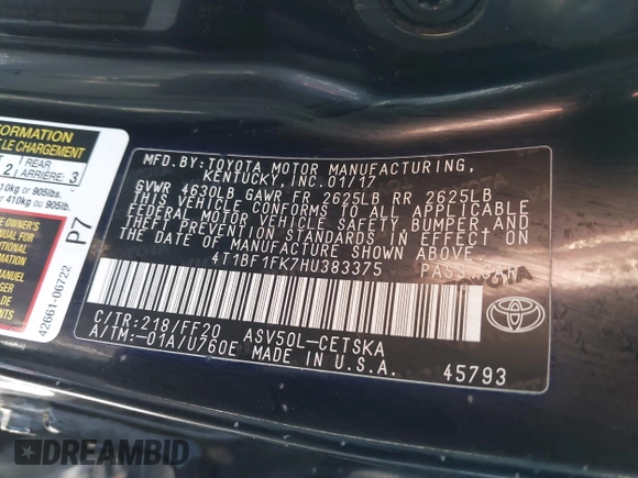 2017 Toyota Camry XLE with VIN 4T1BF1FK7HU383375, listed as a IAAI auction lot 41816189 with 112,128 mi miles and . Bid and sale history available at DreamBid. Image 9.