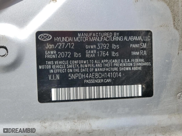 2012 Hyundai Elantra GLS PZEV with VIN 5NPDH4AE8CH141014, listed as a Copart auction lot 53518025 with 181,418 mi miles and Non Repairable. Bid and sale history available at carsss.com. Image 12.