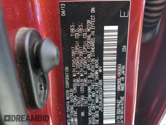 2012 Toyota 4Runner SR5 with VIN JTEZU5JRXC5041888, listed as a Copart auction lot 53674585 with 154,700 mi miles and Salvage title. Bid and sale history available at DreamBid. Image 13.