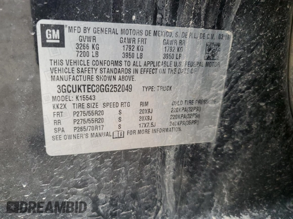 2016 Chevrolet Silverado 1500 High Country with VIN 3GCUKTEC8GG252049, listed as a Copart auction lot 47075095 with 127,206 mi miles and Salvage Title. Bid and sale history available at DreamBid. Image 12.