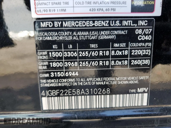 2008 Mercedes-Benz GL-Class 3.0L CDI with VIN 4JGBF22E58A310268, listed as a Copart auction lot 58242314 with 224,518 mi miles and Clean Title. Bid and sale history available at carsss.com. Image 13.
