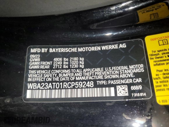 2024 BMW 4 Series 430i z VIN WBA23AT01RCP59248, wystawiony jako Copart lot #46714575 z przebiegiem 34 623 mil mil oraz Tytuł czysty. Historia ofert i sprzedaży dostępna na DreamBid. Obrazek 12.