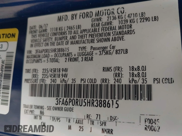 2017 Ford Fusion Hybrid Titanium с VIN 3FA6P0RU5HR388615, выставлен на аукционе IAAI как лот 42066142 с пробегом 121 618 миль миль и . История ставок и продаж доступна на DreamBid. Изображение 9.