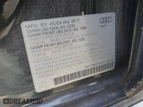 2017 Audi allroad A4 Premium Plus z VIN WA18NAF46HA174918, wystawiony jako Copart lot #76875794 z przebiegiem 54 225 mil mil oraz Szkoda całkowita • Salvage title. Historia ofert i sprzedaży dostępna na DreamBid. Obrazek 13.