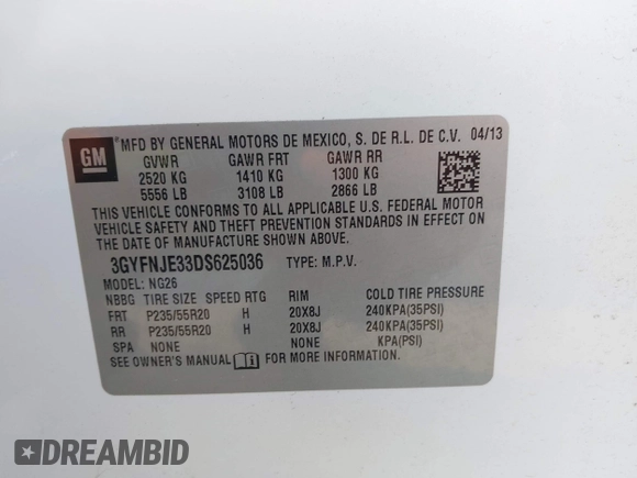 2013 Cadillac SRX Premium Collection with VIN 3GYFNJE33DS625036, listed as a IAAI auction lot 42464711 with 83,344 mi miles and . Bid and sale history available at DreamBid. Image 9.