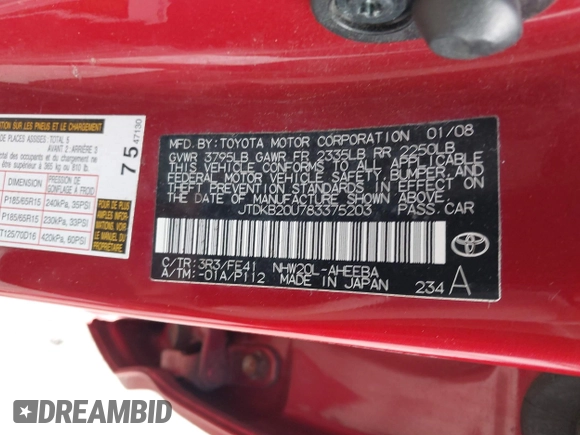 2008 Toyota Prius with VIN JTDKB20U783375203, listed as a IAAI auction lot 42195161 with 130,765 mi miles and . Bid and sale history available at DreamBid. Image 9.