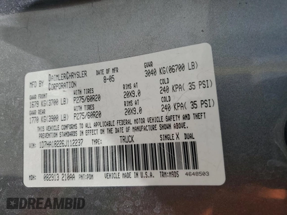 2006 Dodge 1500 SLT z VIN 1D7HA18226J112237, wystawiony jako Copart lot #56991675 z przebiegiem 199 305 mil mil oraz Szkoda całkowita • Salvage title. Historia ofert i sprzedaży dostępna na DreamBid. Obrazek 13.