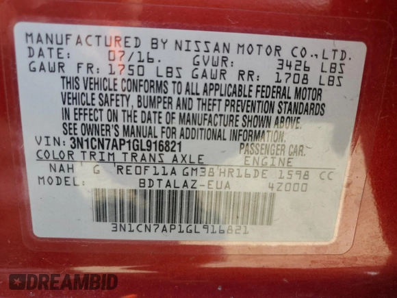 2016 Nissan Versa S Plus with VIN 3N1CN7AP1GL916821, listed as a Copart auction lot 61146545 with 317,406 mi miles and Salvage title. Bid and sale history available at DreamBid. Image 13.