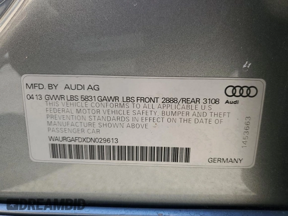 2013 Audi A8 L 3.0L with VIN WAURGAFDXDN029613, listed as a Copart auction lot 54912115 with 105,940 mi miles and Clean Title. Bid and sale history available at carsss.com. Image 12.