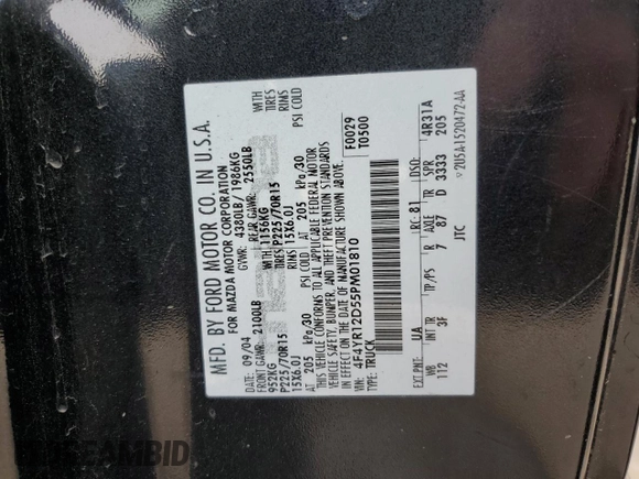 2005 Mazda B-Series 2WD Truck with VIN 4F4YR12D55PM01810, listed as a Copart auction lot 80257384 with 144,341 mi miles and Salvage Title. Bid and sale history available at carsss.com. Image 12.