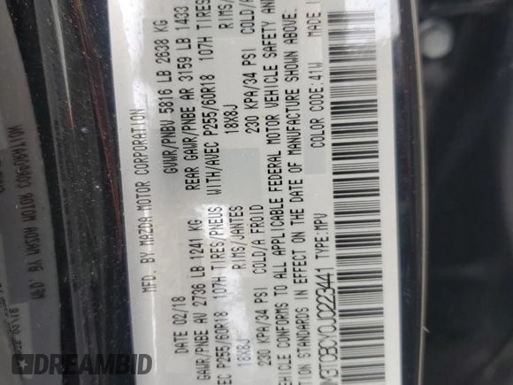 2018 Mazda CX-9 Touring with VIN JM3TCBCY0J0223441, listed as a Copart auction lot 61023105 with 44,040 mi miles and Salvage title. Bid and sale history available at DreamBid. Image 13.
