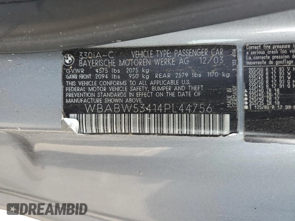 2004 BMW 3 Series 330Ci with VIN WBABW53414PL44756, listed as a Copart auction lot 59993145 with 105,596 mi miles and Salvage title. Bid and sale history available at DreamBid. Image 13.