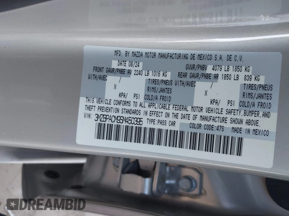 2025 Mazda 3 S Preferred with VIN 3MZBPACM9SM450395, listed as a IAAI auction lot 41132298 with 773 mi miles and . Bid and sale history available at DreamBid. Image 9.
