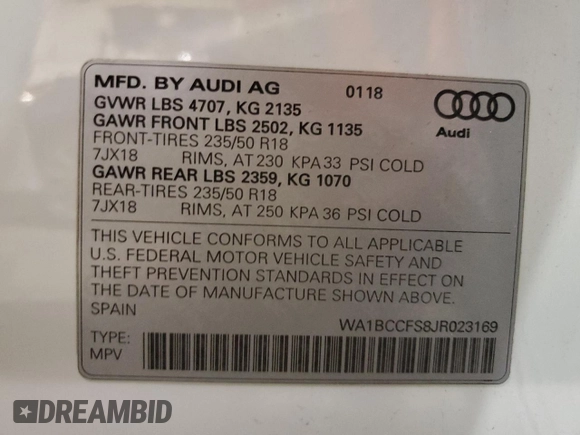 2018 Audi Q3 Premium with VIN WA1BCCFS8JR023169, listed as a Copart auction lot 41009933 with 39,003 mi miles. Bid and sale history available at carsss.com. Image 12.