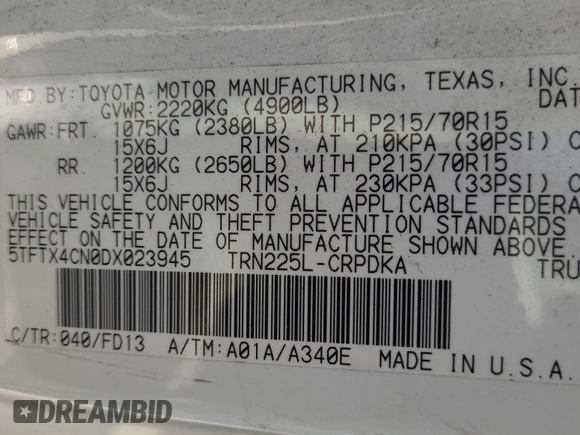 2013 Toyota Tacoma with VIN 5TFTX4CN0DX023945, listed as a IAAI auction lot 42848918 with 322,066 mi miles and . Bid and sale history available at DreamBid. Image 58.
