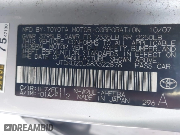 2008 Toyota Prius with VIN JTDKB20U683322878, listed as a IAAI auction lot 41622116 with 225,601 mi miles. Bid and sale history available at carsss.com. Image 9.