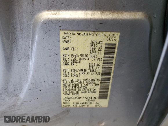 2017 Nissan Frontier SV with VIN 1N6AD0EV9HN750490, listed as a Copart auction lot 44581025 with 67,734 mi miles and Salvage title. Bid and sale history available at DreamBid. Image 14.