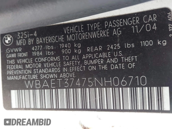 2005 BMW 3 Series 325i with VIN WBAET37475NH06710, listed as a IAAI auction lot 42581829 with 189,453 mi miles and . Bid and sale history available at DreamBid. Image 9.