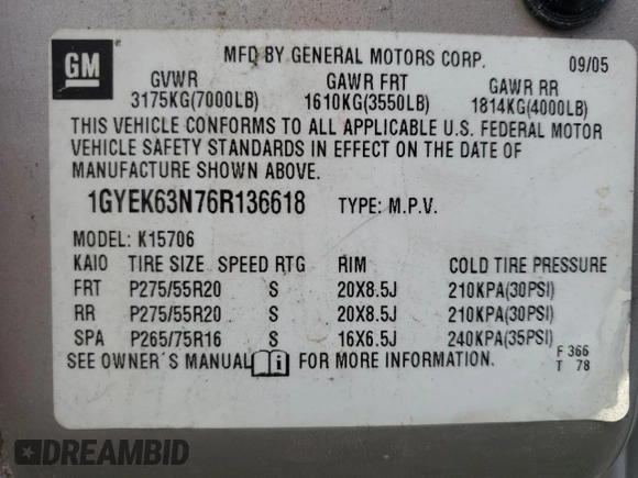 2006 Cadillac Escalade z VIN 1GYEK63N76R136618, wystawiony jako Copart lot #58990945 z przebiegiem Nie podano mil oraz Czysty tytuł • Clean title. Historia ofert i sprzedaży dostępna na DreamBid. Obrazek 13.