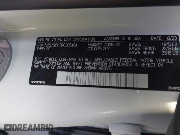 2024 Volvo S60 Plus Black Edition with VIN 7JRL12FH3RG305484, listed as a IAAI auction lot 41793657 with 16,351 mi miles and . Bid and sale history available at DreamBid. Image 9.